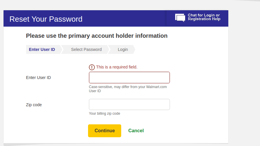 Walmart Online Banking Reset Password Page